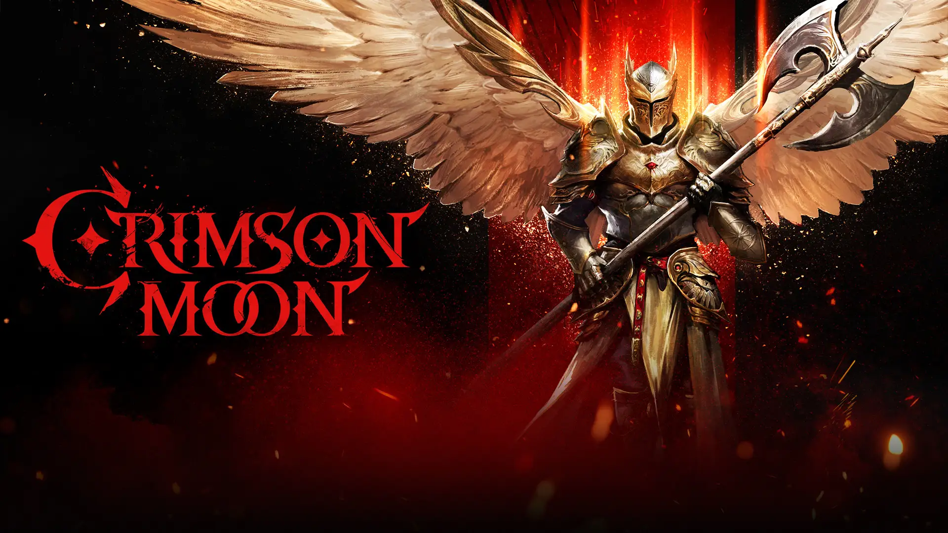 Crimson Moon Nephilim warrior with golden wings in gothic cathedral
